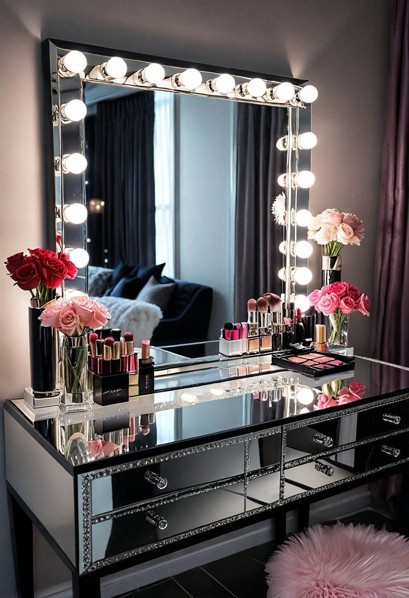 A stylish vanity adorned with glamorous makeup products, including lipsticks, eyeshadows, and shimmering highlighters, alongside elegant fashion accessories like statement earrings and a designer handbag. The setting is illuminated by soft, ambient lighting, creating an opulent atmosphere. Include a reflective mirror showcasing a chic outfit draped nearby. Capture the essence of sophistication and beauty. hyper-realistic. vibrant colors. elegant background.